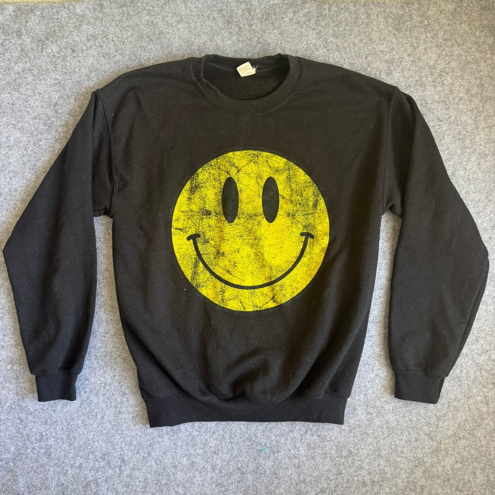 Altar'd State Unisex Smiley Face Graphic Sweatshirt Medium Black Cotton Blend